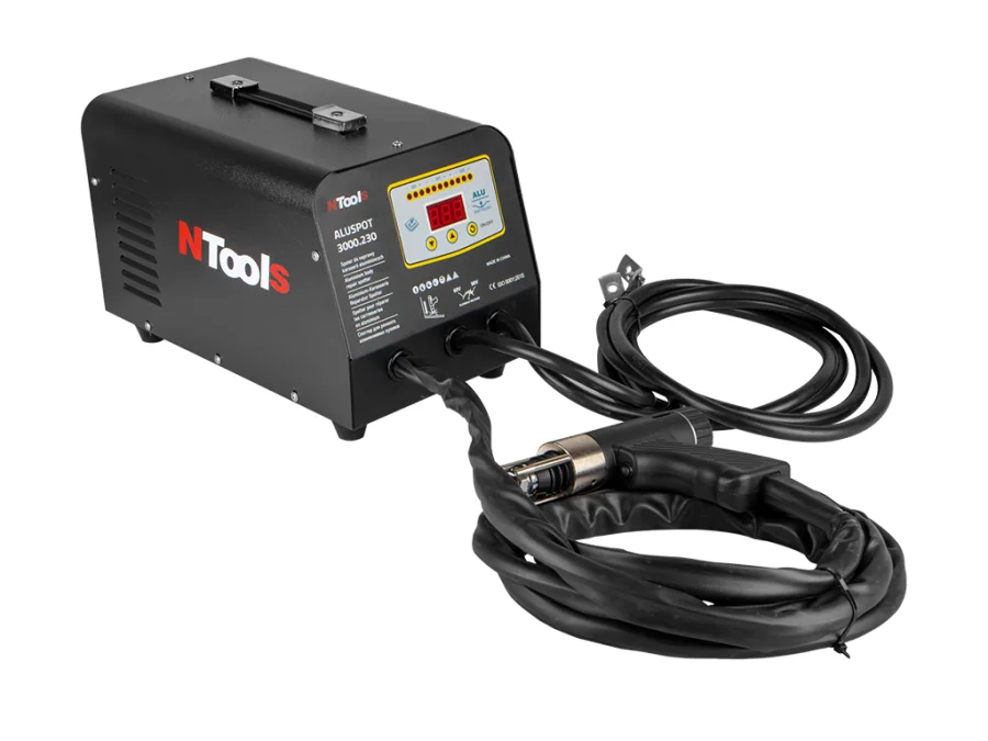 Spoter kompaktowy do aluminium NTools ALU SPOT 3000.230 bez wózka Do prac związanych z wyciąganiem wgnieceń nadwozi samochodowych wykonanych z aluminium, poprzez przygrzewanie nitów o średnicy od M3 do M6 / 3540538, 3540539, 3540540, 3540541/ i wyciąganie obrączkami nakręcanymi na nity /3540560, 3540561, 3540564/.